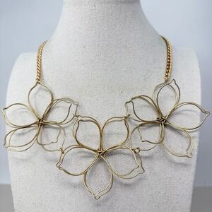 Wire Flower Statement Necklace Gold Tone 3D Bib Adjustable